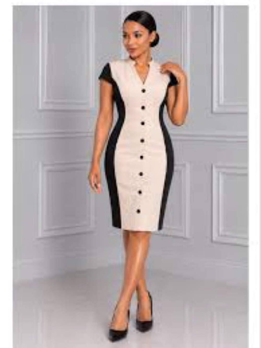 Calvin Klein Beige Sheath Dress with Black Side Panels with Belt